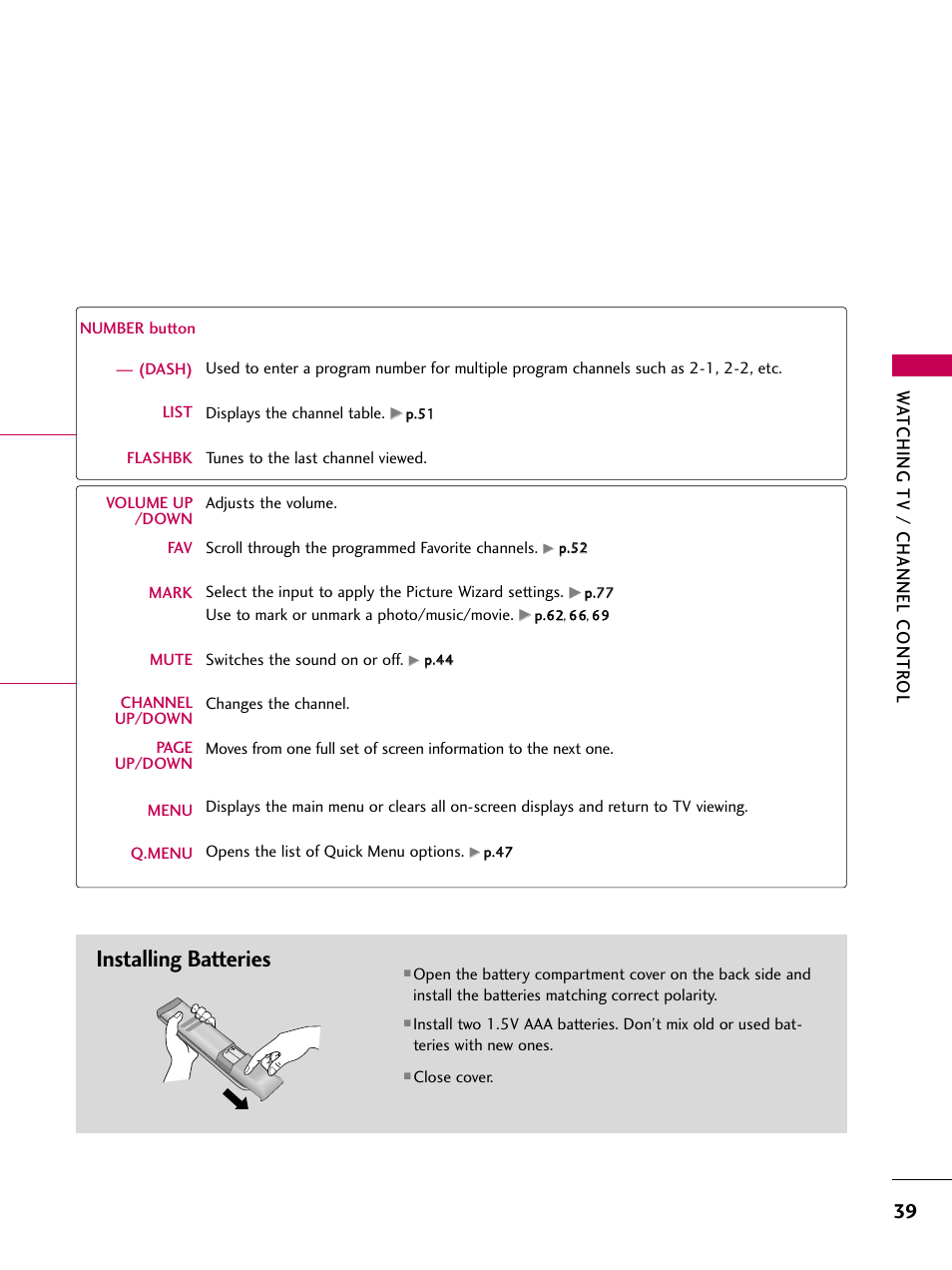 Installing batteries, Watching tv / channel contr ol | LG 47LH85 User Manual | Page 39 / 138