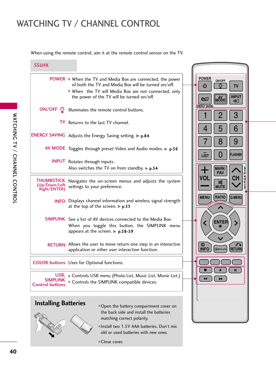 Watching tv / channel control, Installing batteries, Vol ch | LG 47LH85 User Manual | Page 40 / 138