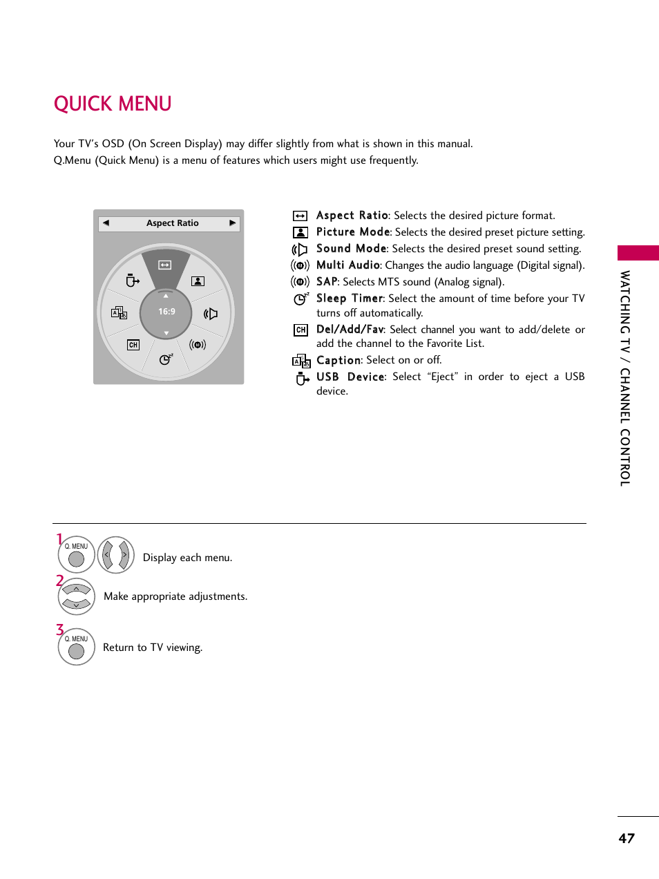 Quick menu | LG 47LH85 User Manual | Page 47 / 138