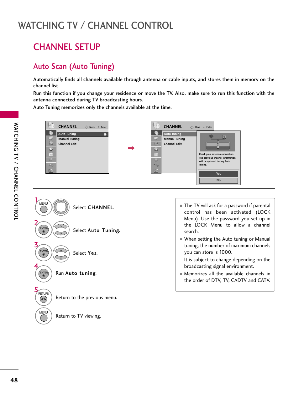 Channel setup, Auto scan (auto tuning), Watching tv / channel control | Watching tv / channel contr ol | LG 47LH85 User Manual | Page 48 / 138