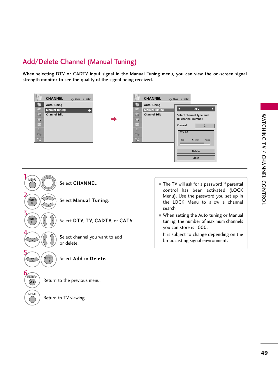 Add/delete channel (manual tuning), Watching tv / channel contr ol | LG 47LH85 User Manual | Page 49 / 138