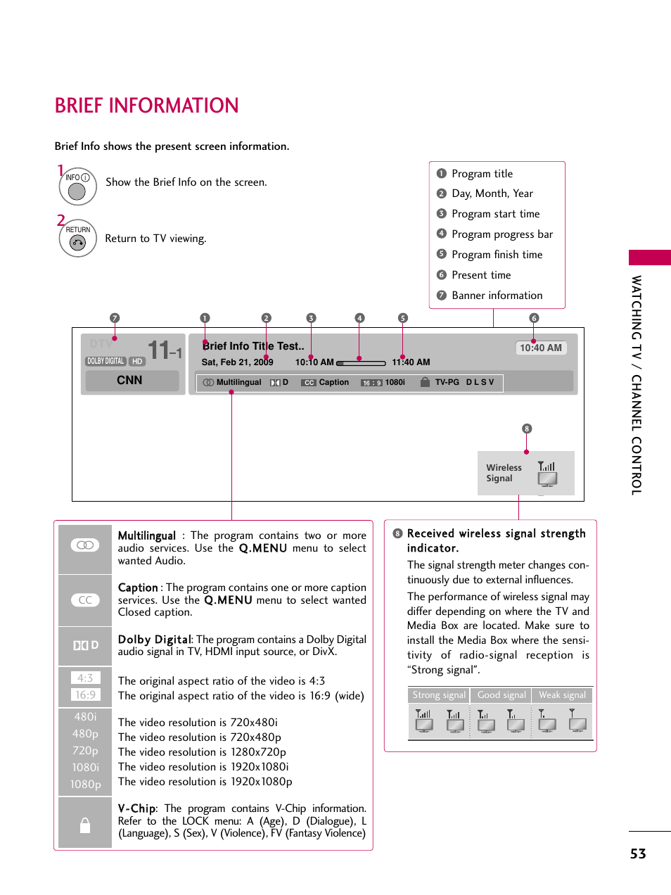 Brief information, Watching tv / channel contr ol | LG 47LH85 User Manual | Page 53 / 138