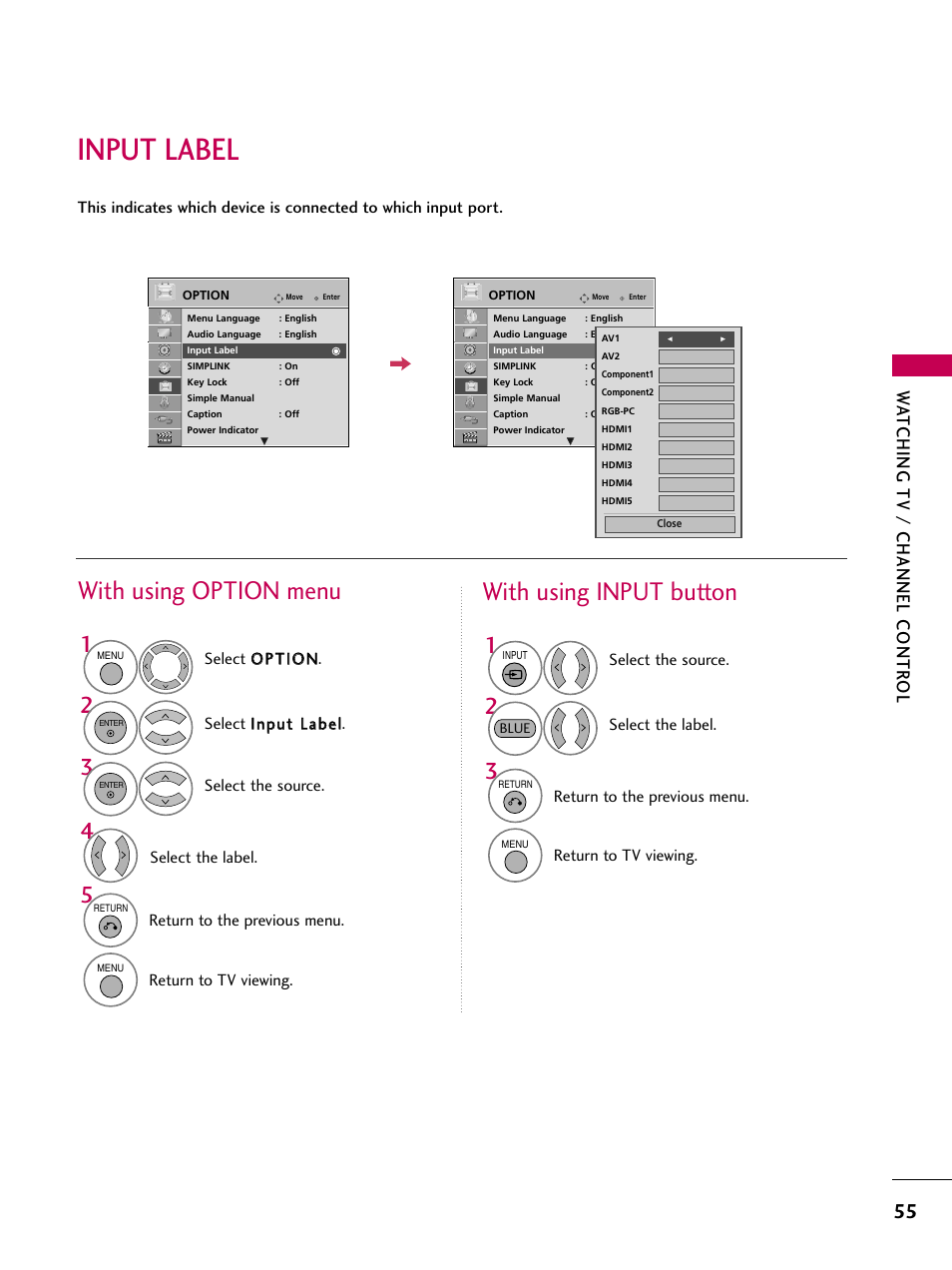 Input label, With using option menu, With using input button | Watching tv / channel contr ol | LG 47LH85 User Manual | Page 55 / 138
