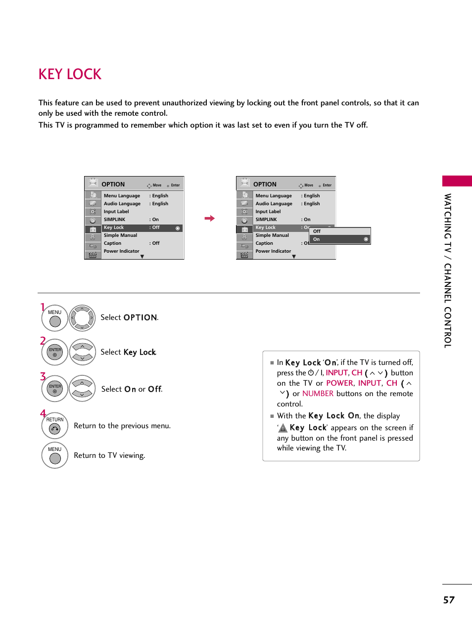 Key lock, Watching tv / channel contr ol | LG 47LH85 User Manual | Page 57 / 138