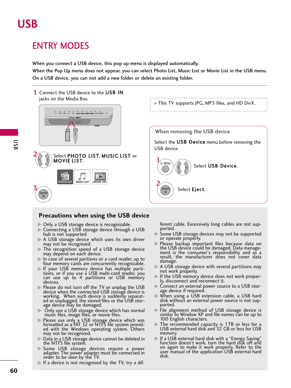 Entry modes, Precautions when using the usb device, When removing the usb device | LG 47LH85 User Manual | Page 60 / 138