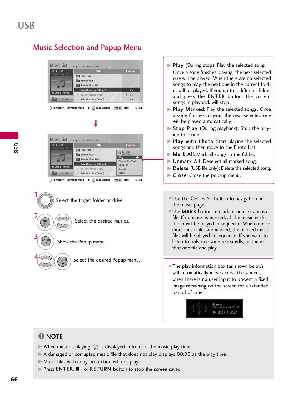 Music selection and popup menu | LG 47LH85 User Manual | Page 66 / 138