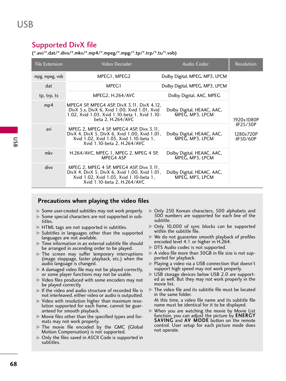Supported divx file, Precautions when playing the video files | LG 47LH85 User Manual | Page 68 / 138