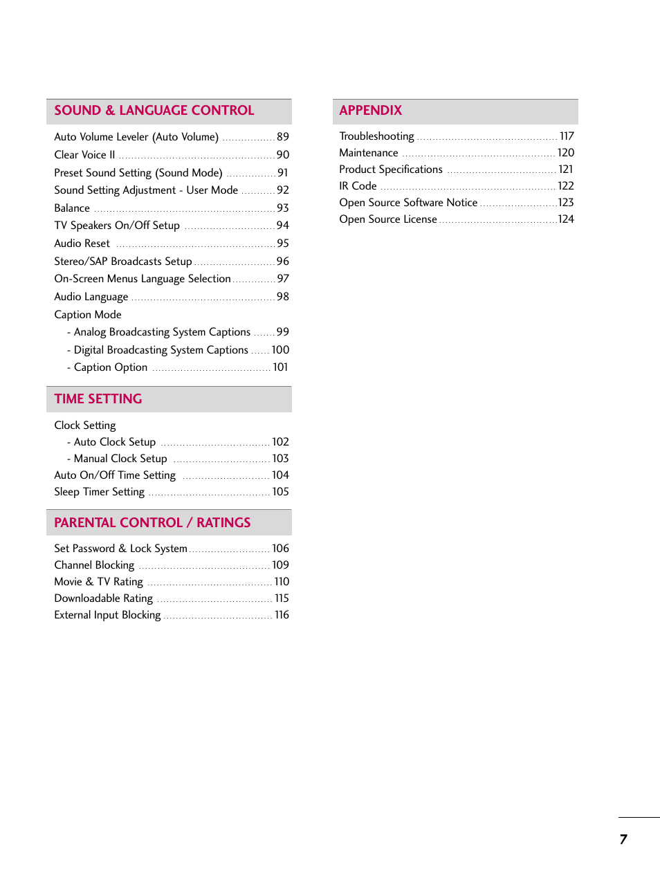 7sound & language control, Time setting, Parental control / ratings | Appendix | LG 47LH85 User Manual | Page 7 / 138