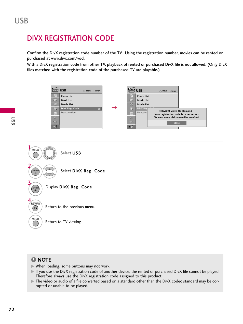 Divx registration code | LG 47LH85 User Manual | Page 72 / 138