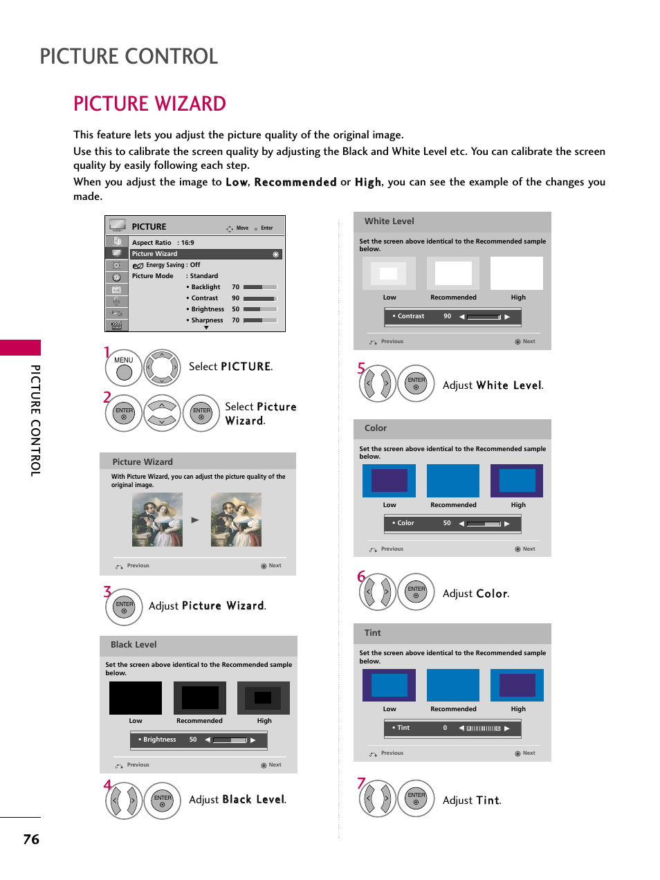 Picture wizard, Picture control, Picture contr ol | Adjust b bllaacckk lleevveell, Adjust c co ollo orr, Adjust t tiinntt | LG 47LH85 User Manual | Page 76 / 138