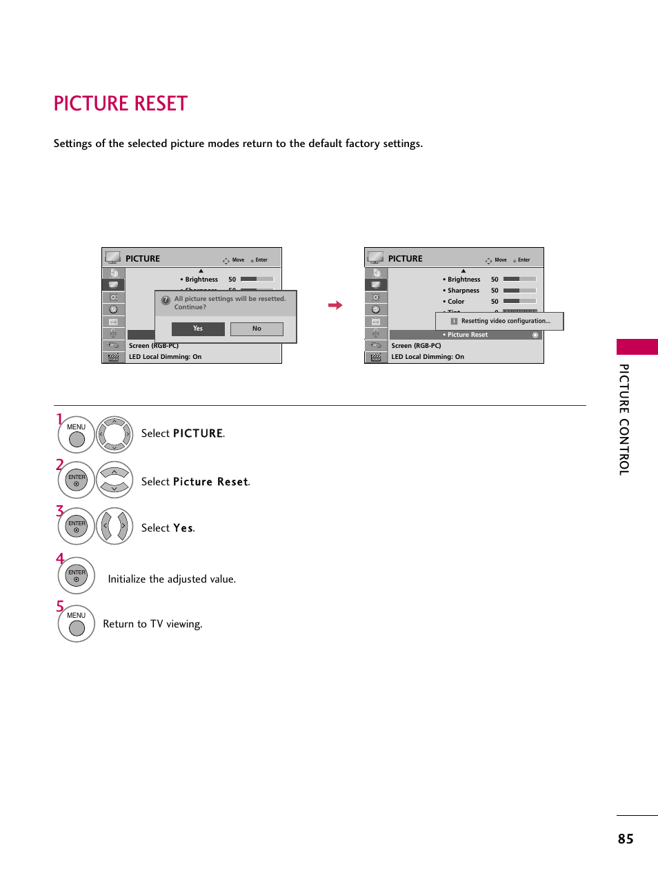 Picture reset, Picture contr ol, Select y y ee ss | Return to tv viewing | LG 47LH85 User Manual | Page 85 / 138
