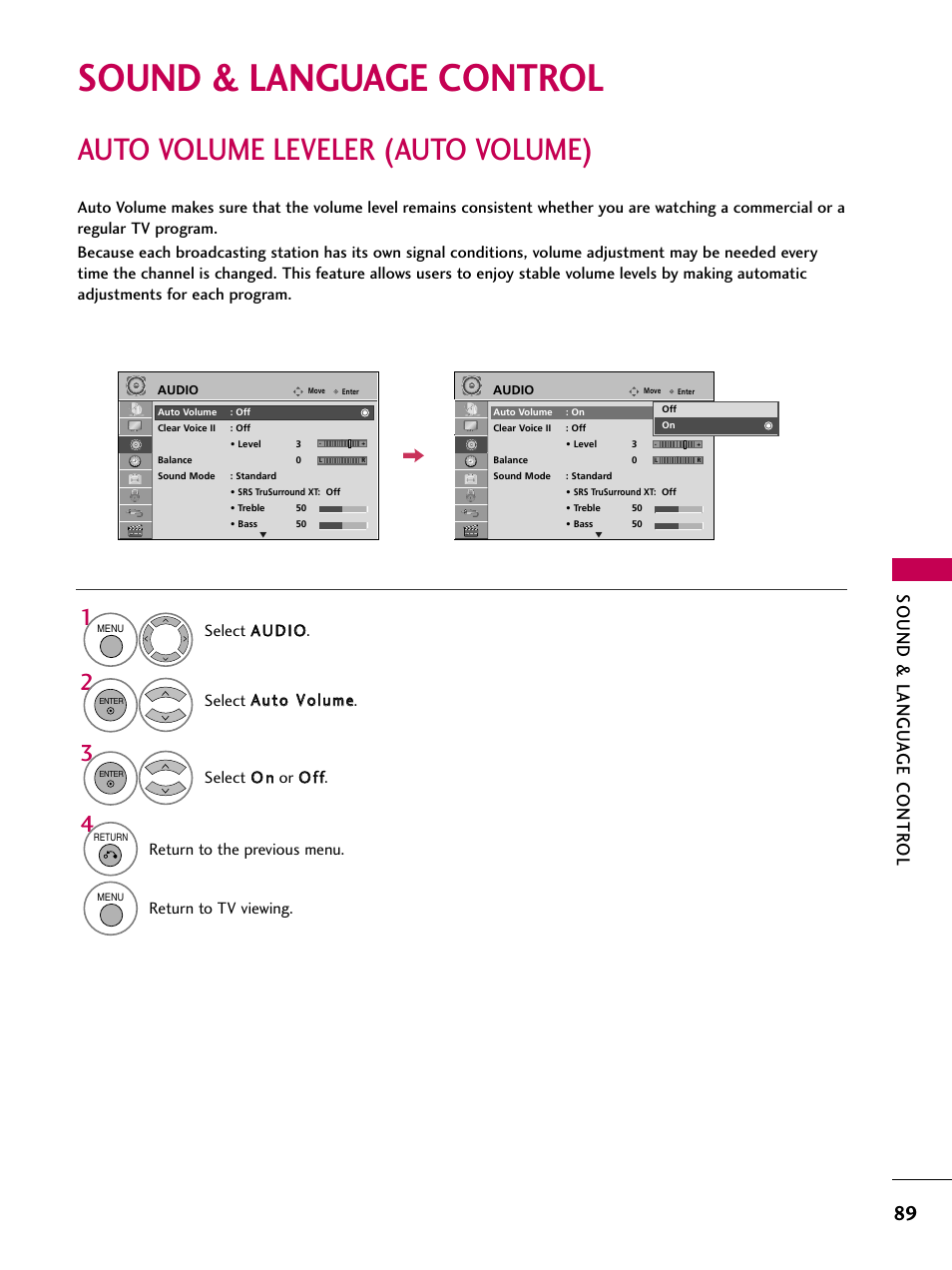 Sound & language control, Auto volume leveler (auto volume), Sound & langu a ge contr ol | Return to the previous menu, Return to tv viewing | LG 47LH85 User Manual | Page 89 / 138