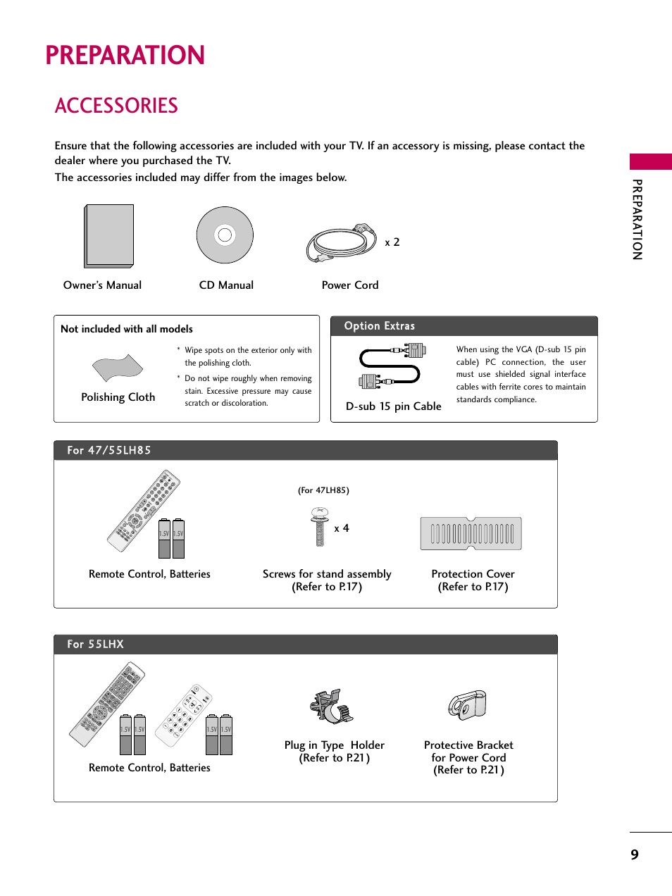 Preparation, Accessories, Prep ar at ion | Remote control, batteries, Pa g e, On /o ff, For 47lh85) | LG 47LH85 User Manual | Page 9 / 138