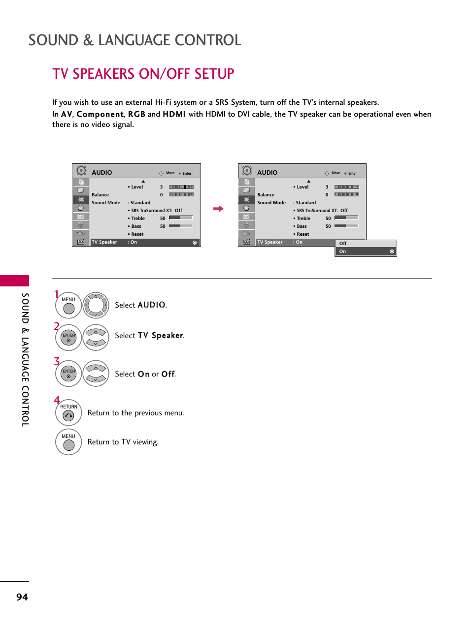 Tv speakers on/off setup, Sound & language control, Sound & langu a ge contr ol | LG 47LH85 User Manual | Page 94 / 138