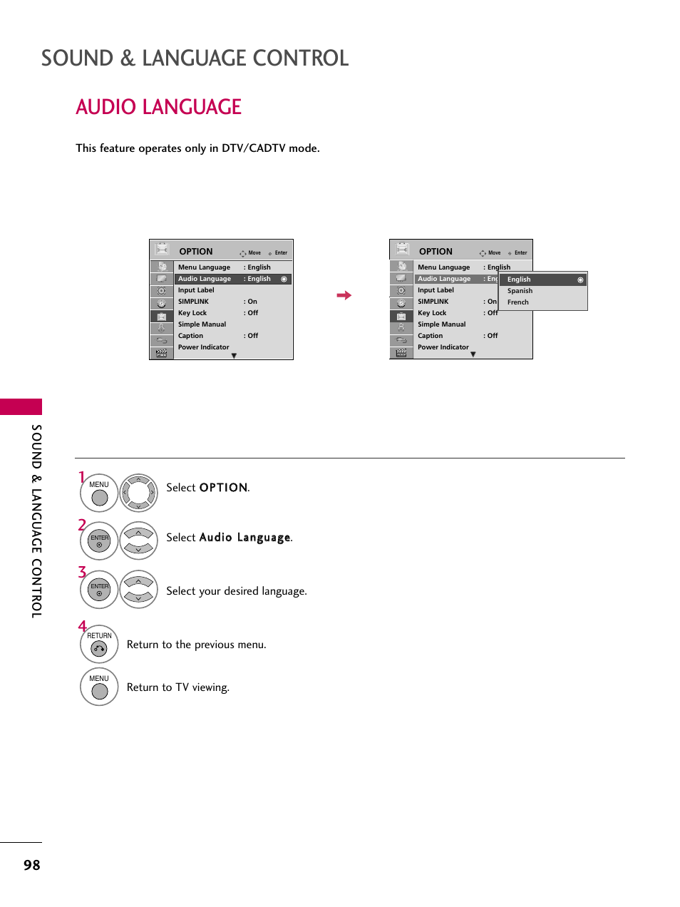Audio language, Sound & language control, Sound & langu a ge contr ol | LG 47LH85 User Manual | Page 98 / 138