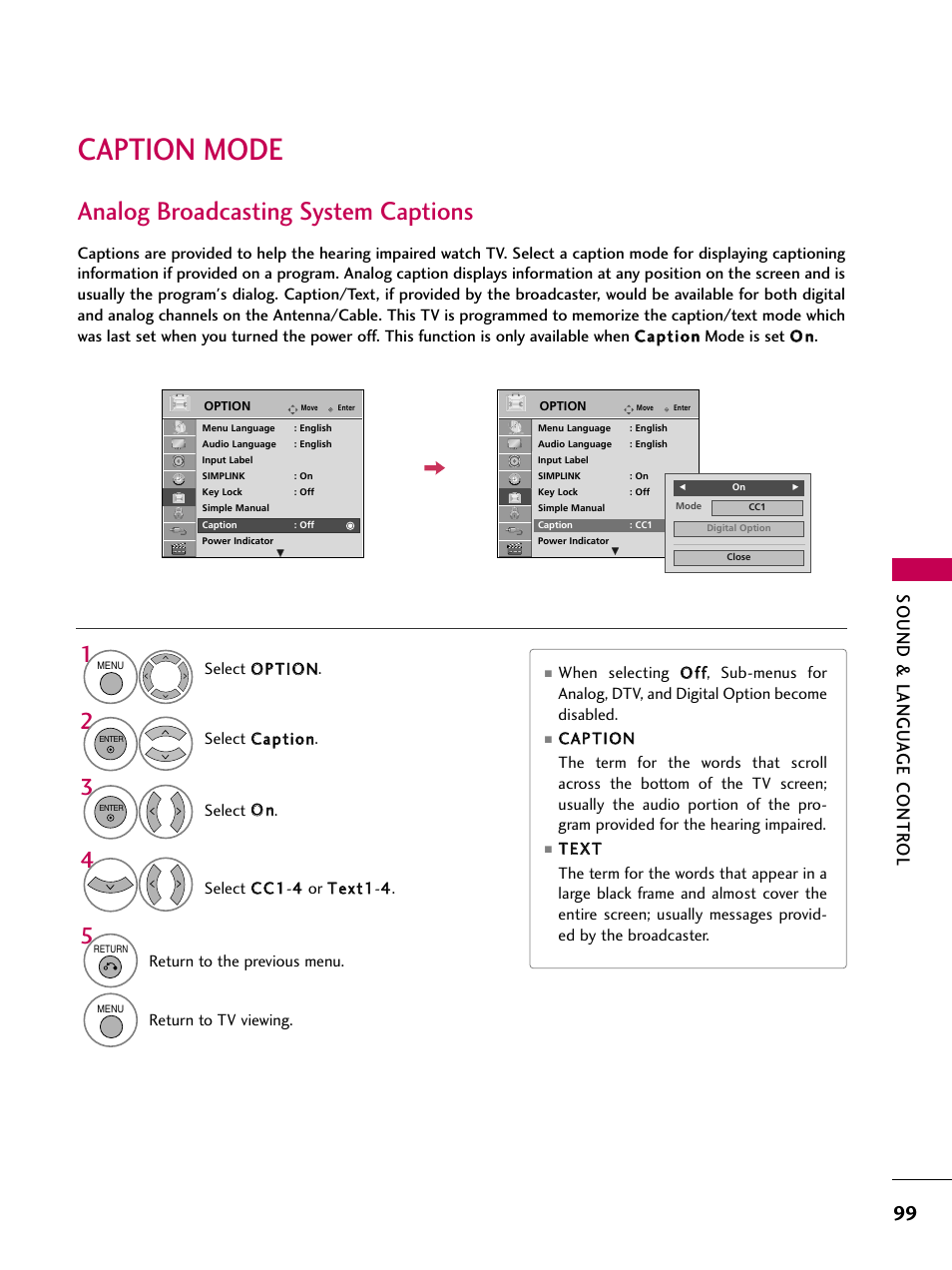 Caption mode, Analog broadcasting system captions, Sound & langu a ge contr ol | LG 47LH85 User Manual | Page 99 / 138