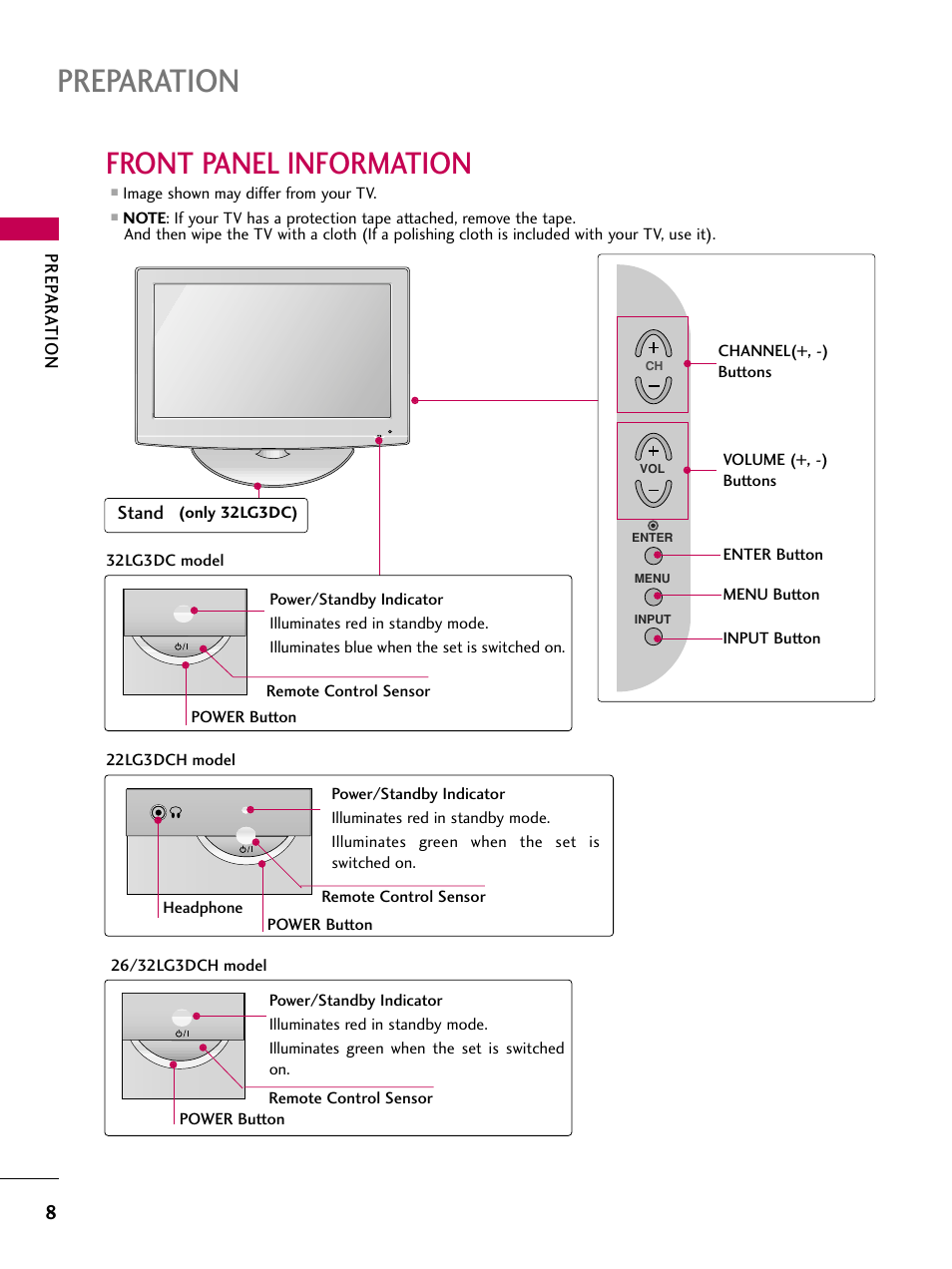 Front panel information, Preparation | LG 26LG3DCH User Manual | Page 10 / 88
