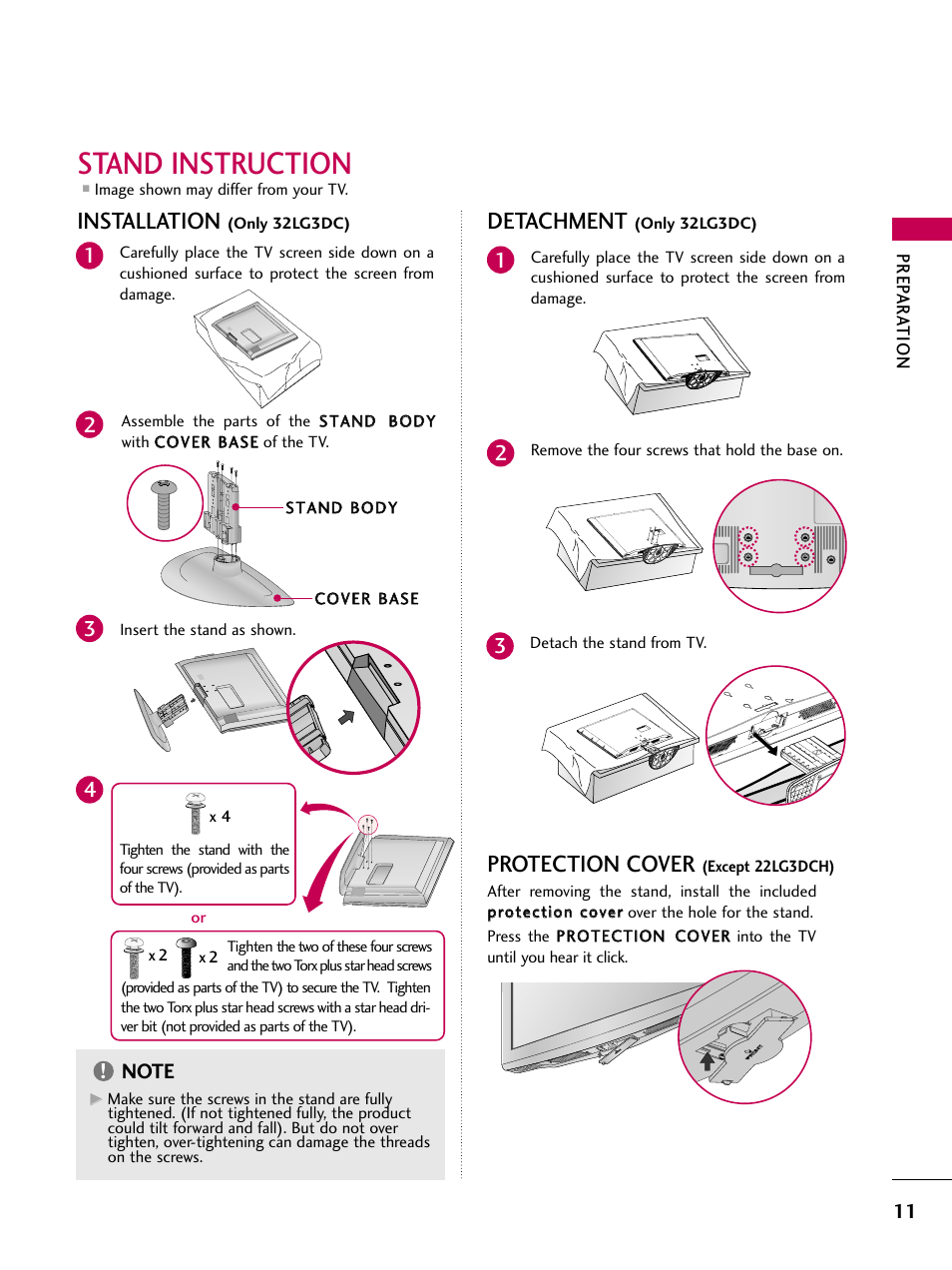 Stand instruction, Detachment, Protection cover | Installation | LG 26LG3DCH User Manual | Page 13 / 88