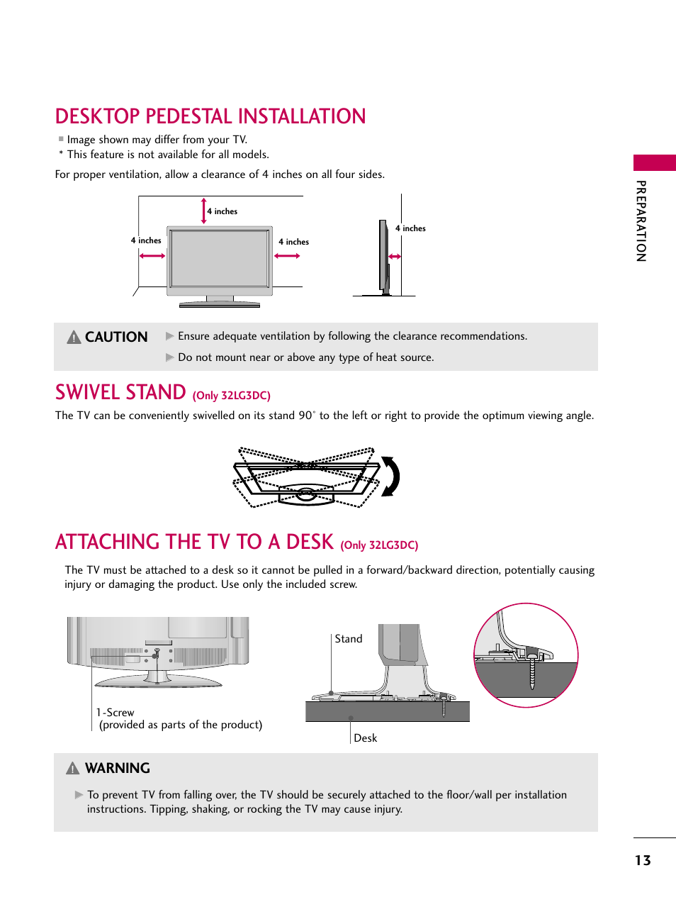 Desktop pedestal installation, Swivel stand, Attaching the tv to a desk | Caution, Warning | LG 26LG3DCH User Manual | Page 15 / 88