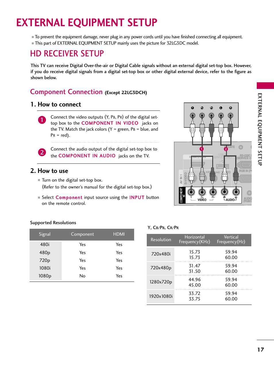 External equipment setup, Hd receiver setup, Component connection | How to connect, How to use, External eq uipment setup | LG 26LG3DCH User Manual | Page 19 / 88