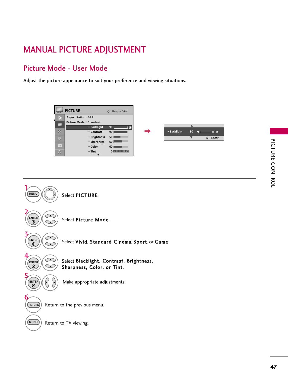 Manual picture adjustment, Picture mode -user mode, Picture mode - user mode | Picture contr ol | LG 26LG3DCH User Manual | Page 49 / 88