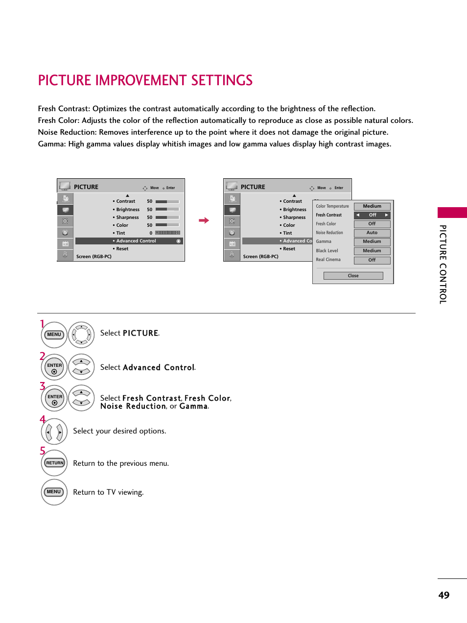 Picture improvement settings, Picture contr ol | LG 26LG3DCH User Manual | Page 51 / 88