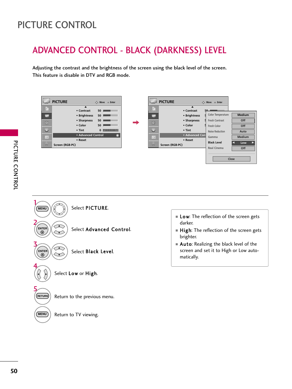 Advanced control -black (darkness) level, Picture control, Advanced control - black (darkness) level | Picture contr ol, Return to the previous menu, Return to tv viewing | LG 26LG3DCH User Manual | Page 52 / 88