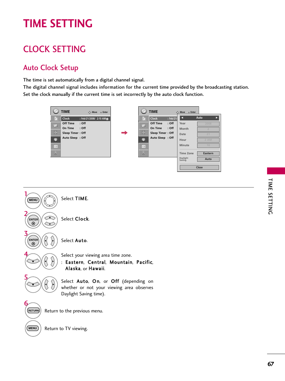 Time setting, Clock setting, Auto clock setup | LG 26LG3DCH User Manual | Page 69 / 88