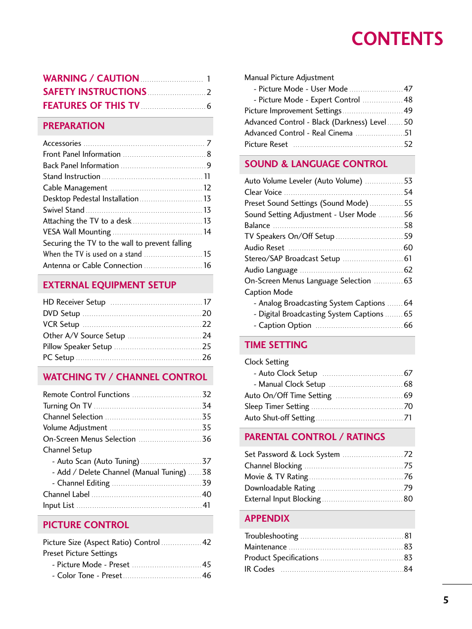 LG 26LG3DCH User Manual | Page 7 / 88