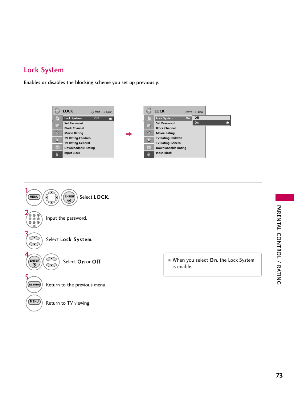 Lock system, Parent al contr ol / r a ting | LG 26LG3DCH User Manual | Page 75 / 88