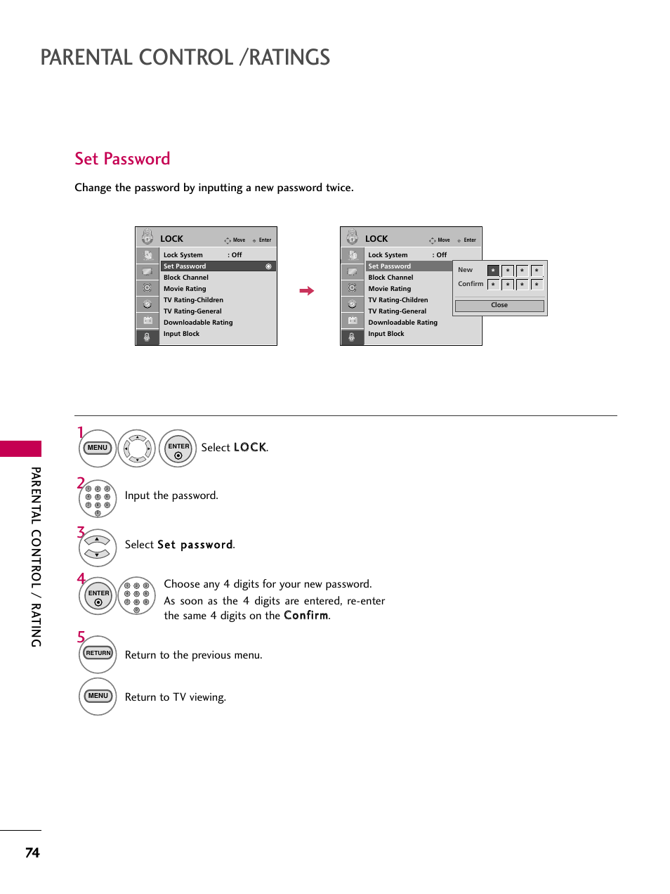Set password, Parental control /ratings, Parent al contr ol / r a ting | Input the password, Return to the previous menu, Return to tv viewing | LG 26LG3DCH User Manual | Page 76 / 88