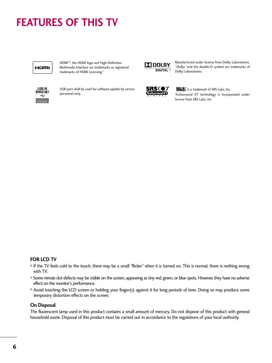 Features of this tv, For lcd tv, On disposal | LG 26LG3DCH User Manual | Page 8 / 88