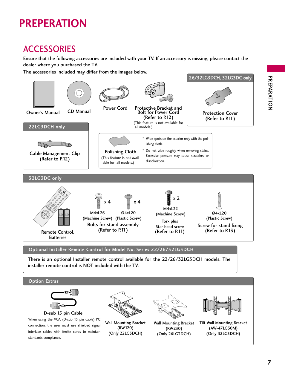 Preperation, Accessories, Prep ar a tion | LG 26LG3DCH User Manual | Page 9 / 88