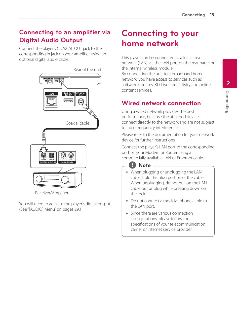 Connecting to your home network, Wired network connection, 19 – connecting to an amplifier via digital | Audio output, 19 – wired network connection | LG BP200 User Manual | Page 19 / 61