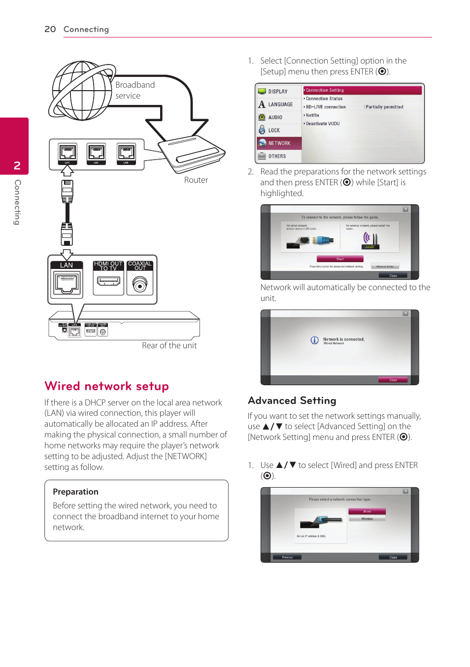 Wired network setup, 20 – wired network setup | LG BP200 User Manual | Page 20 / 61