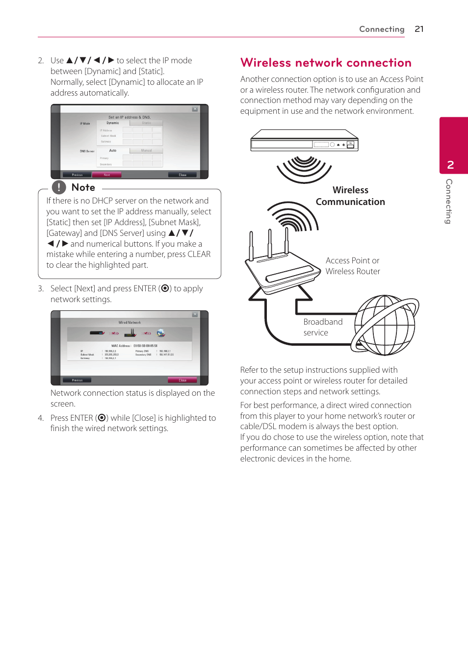 Wireless network connection, 21 – wireless network connection | LG BP200 User Manual | Page 21 / 61