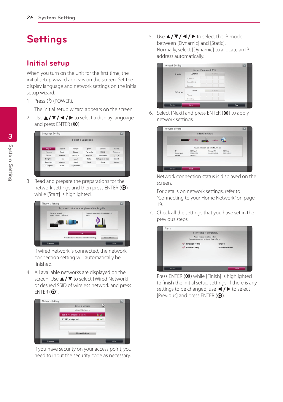 3 system setting, Settings, Initial setup | 26 settings 26 – initial setup | LG BP200 User Manual | Page 26 / 61