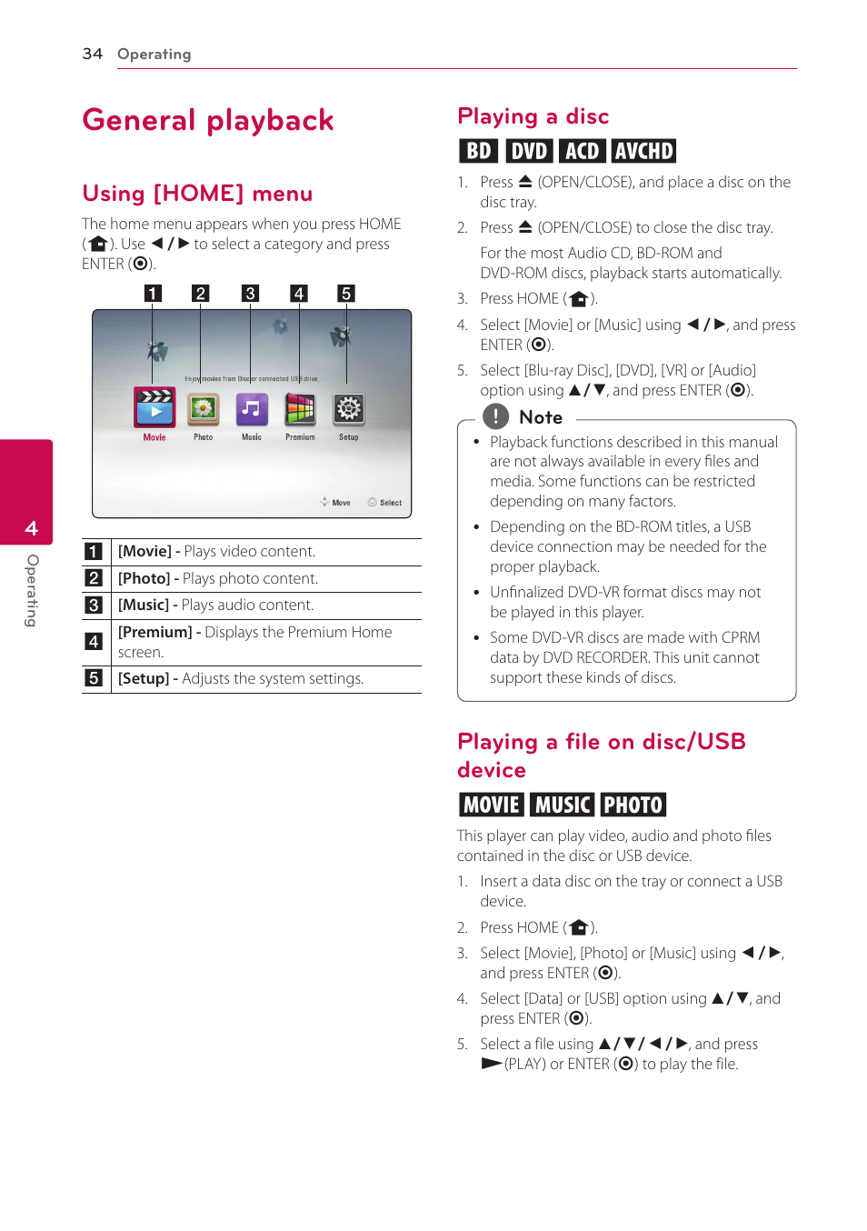 4 operating, General playback, Using [home] menu | Playing a disc, Playing a file on disc/usb device, Playing a disc erto, Playing a file on disc/usb device yui | LG BP200 User Manual | Page 34 / 61