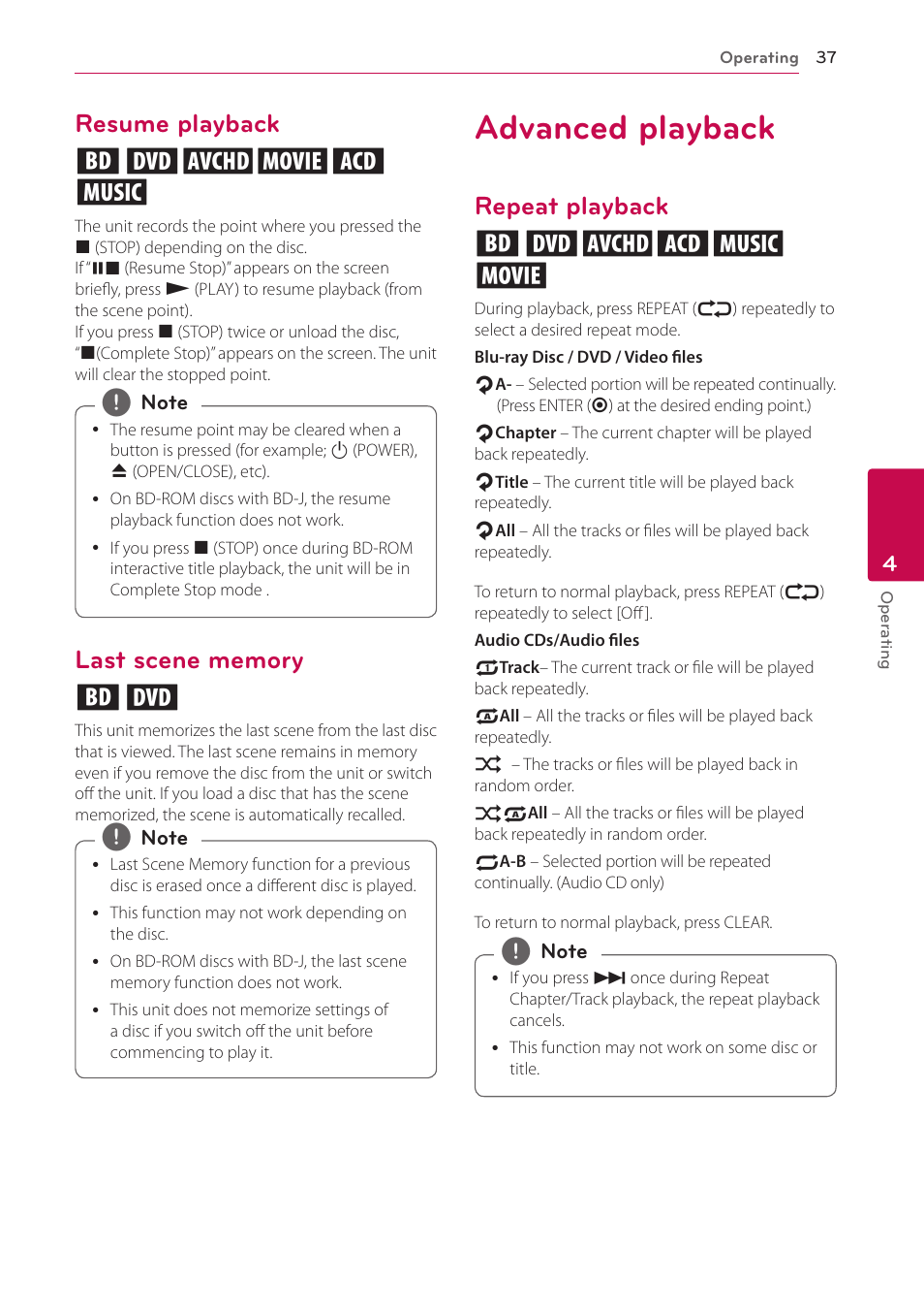 Resume playback, Last scene memory, Advanced playback | Repeat playback, Resume playback eroyt u, Repeat playback erotu y | LG BP200 User Manual | Page 37 / 61