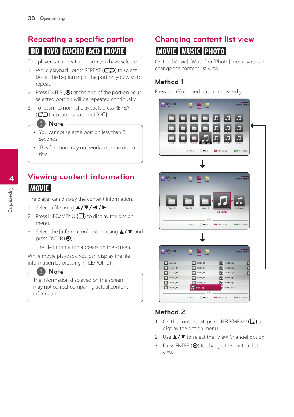 Repeating a specific portion, Viewing content information, Changing content list view | Repeating a specific portion eroty, Viewing content information y, Changing content list view yui | LG BP200 User Manual | Page 38 / 61