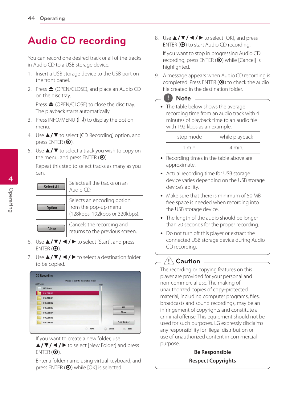 Audio cd recording, 44 audio cd recording | LG BP200 User Manual | Page 44 / 61