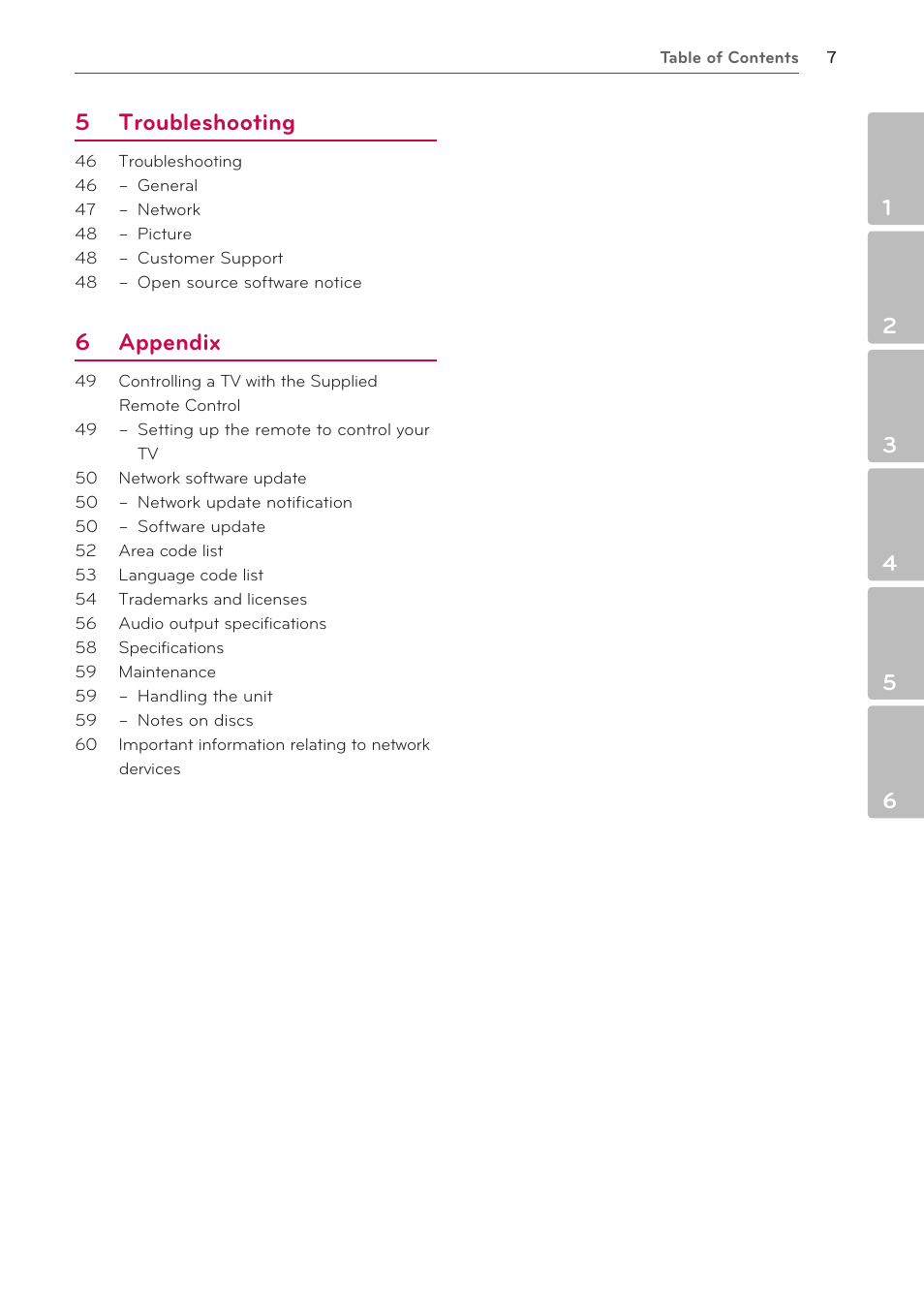 5 troubleshooting, 6 appendix | LG BP200 User Manual | Page 7 / 61