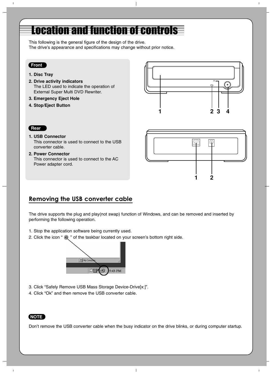 Location and function of controls, Removing the usb converter cable | LG GSA-E40L User Manual | Page 2 / 4