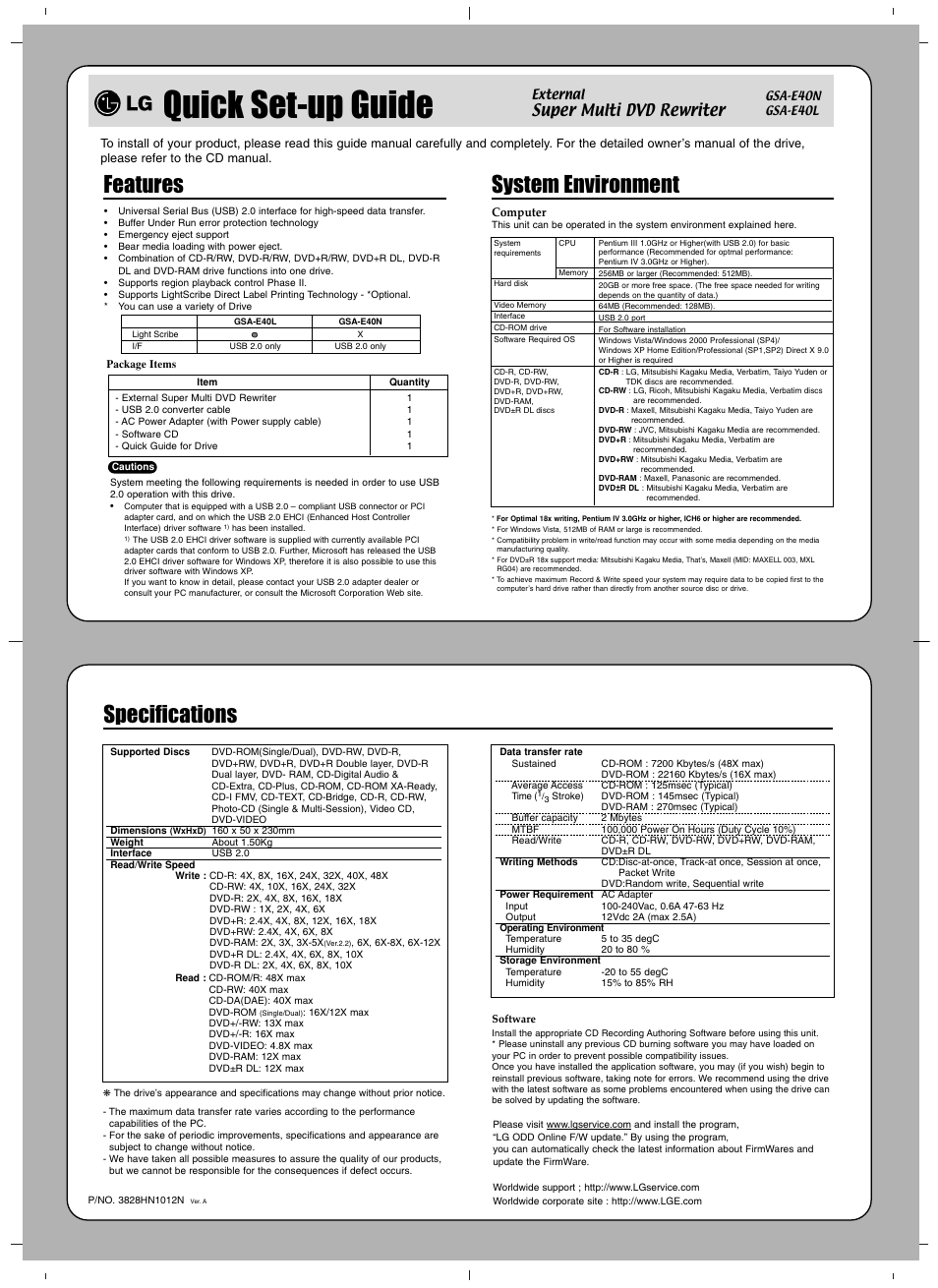 Quick set-up guide, Features, System environment | Specifications, Super multi dvd rewriter | LG GSA-E40L User Manual | Page 3 / 4