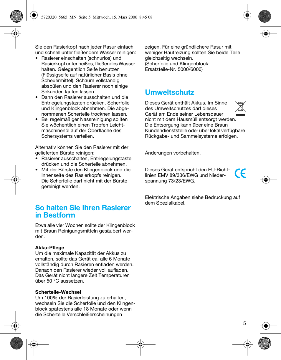 So halten sie ihren rasierer in bestform, Umweltschutz | Braun 5610 Flex XP  EU User Manual | Page 5 / 33