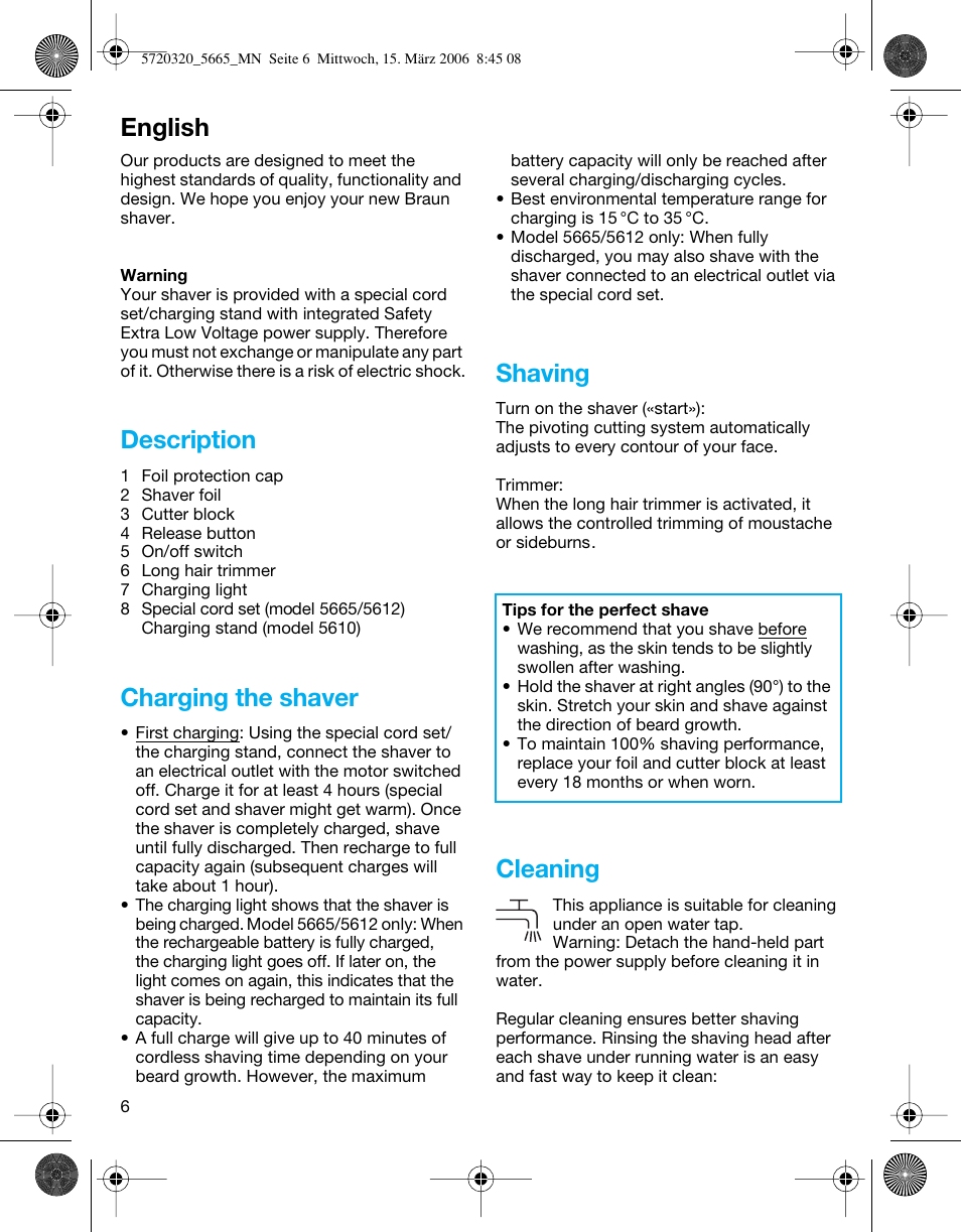 Description, Charging the shaver, Shaving | Cleaning, English | Braun 5610 Flex XP  EU User Manual | Page 6 / 33