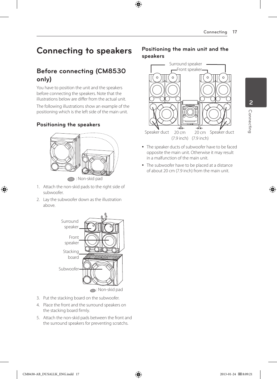 Connecting to speakers, Before connecting (cm8530 only) | LG CM8430 User Manual | Page 17 / 42