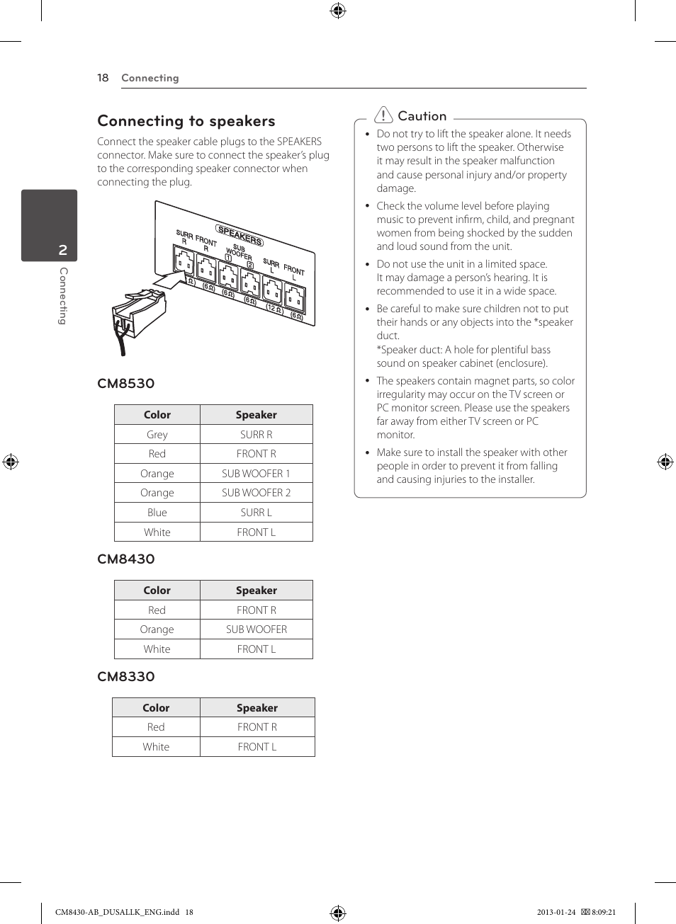 Connecting to speakers | LG CM8430 User Manual | Page 18 / 42