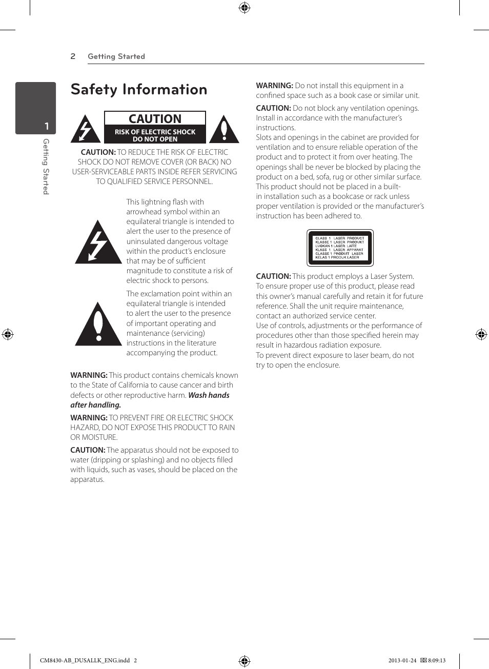 Safety information, Caution | LG CM8430 User Manual | Page 2 / 42