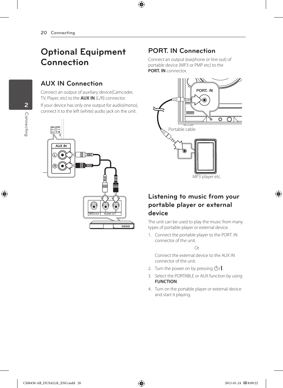 Optional equipment connection, Aux in connection, Port. in connection | LG CM8430 User Manual | Page 20 / 42